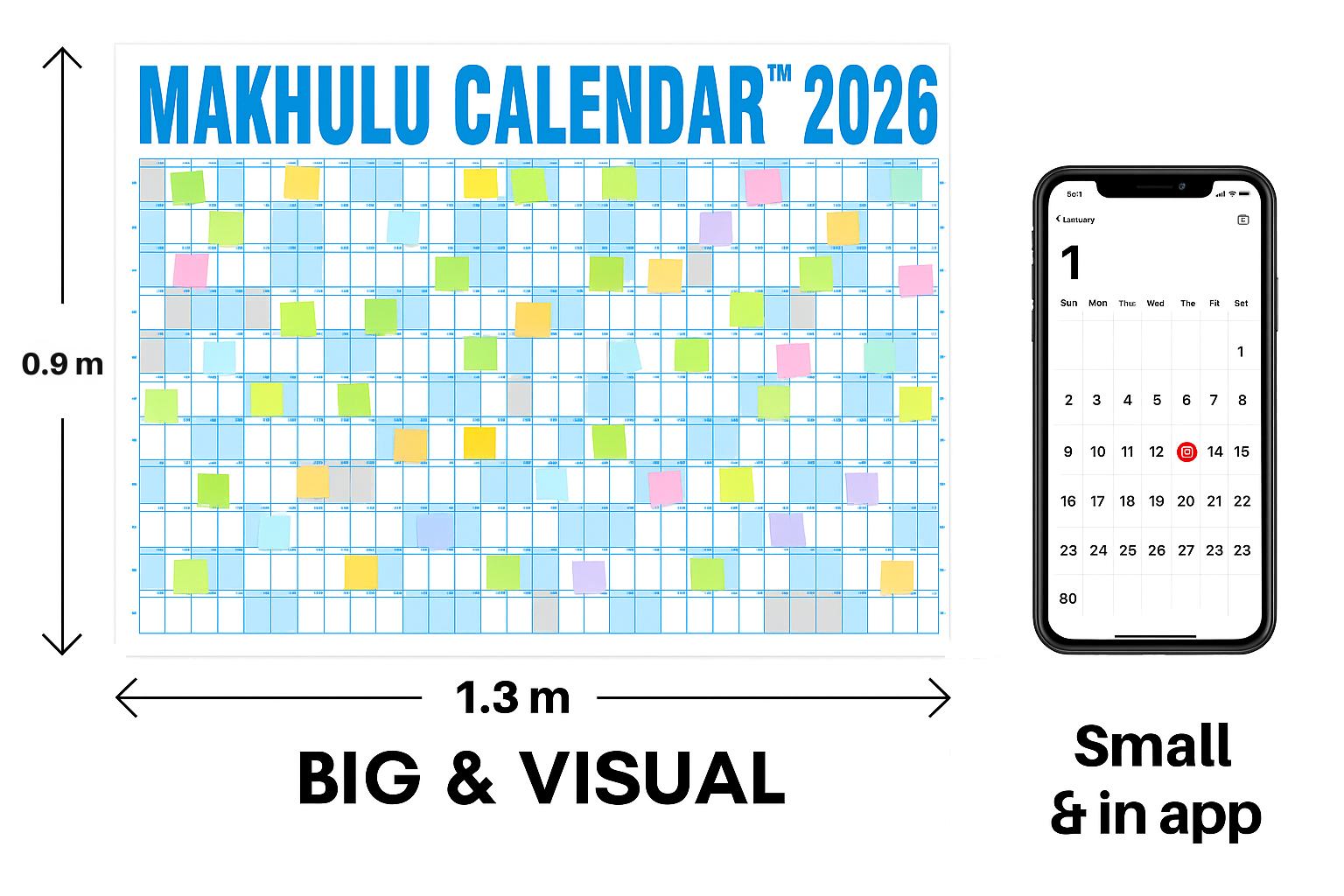 Makhulu Calendar vs Phone App - 0.9m x 1.3m Big and Visual Planning